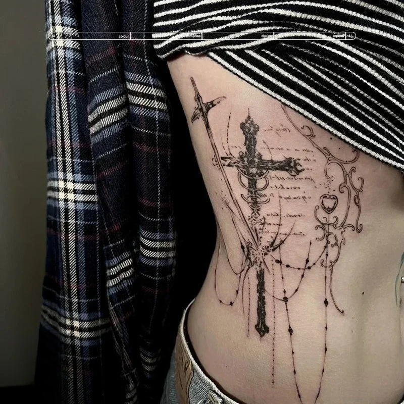 

Временная татуировка с травяным крестом и кисточкой для женщин, сексуальная цепочка, поддельная татуировка, наклейка в стиле панк, водонепроницаемая Y2K Tatuajes Temporales