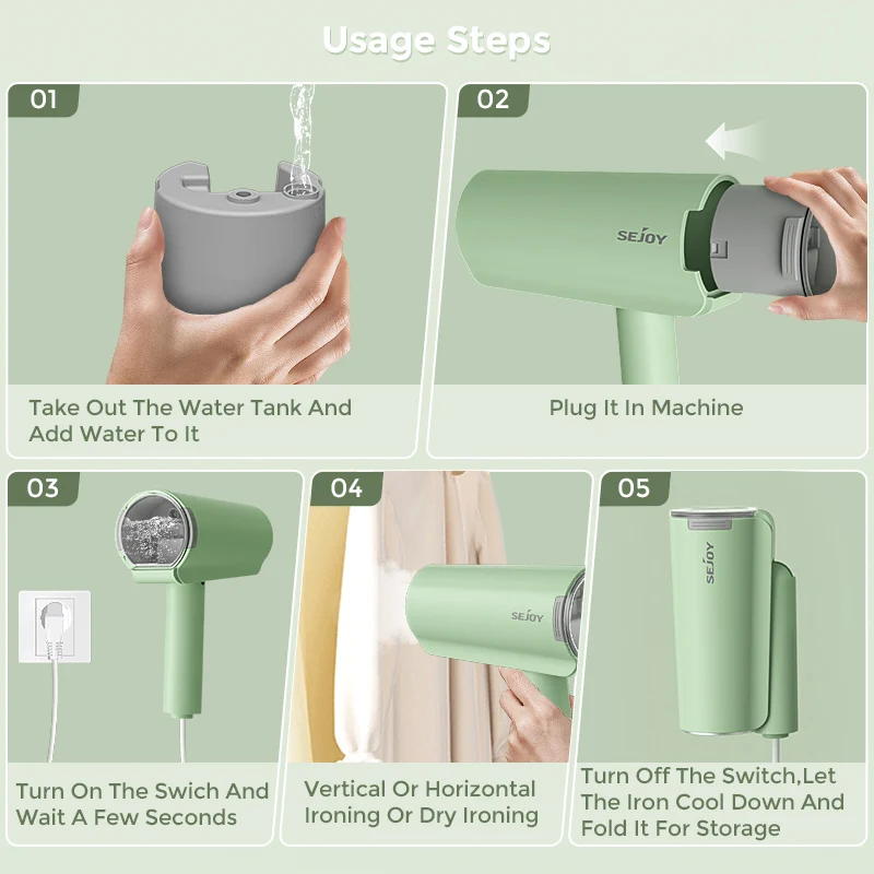 Sejoy مُبخّر ملابس محمول باليد 150 مللي باخرة قماشية محمولة سريعة الحرارة 1000 واط منظف مكواة البخار للمنزل والسفر 220 فولت/110 فولت #4