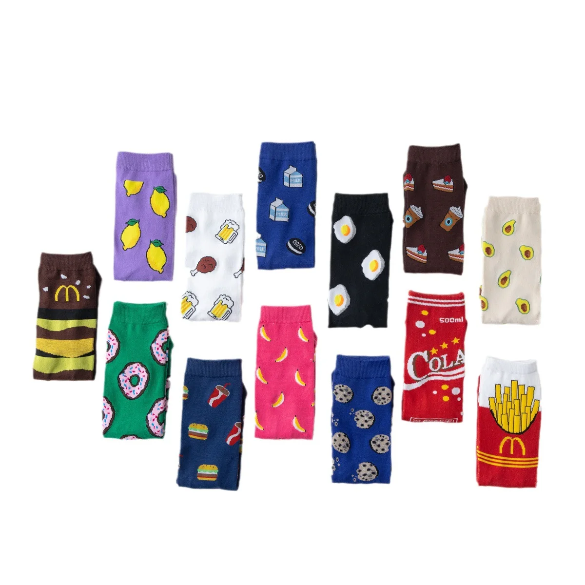 Harajuku Straight Board Men\'s and Women\'s Socks Avocado French Fries Eggs Fun Mid Tube Tidal Socks