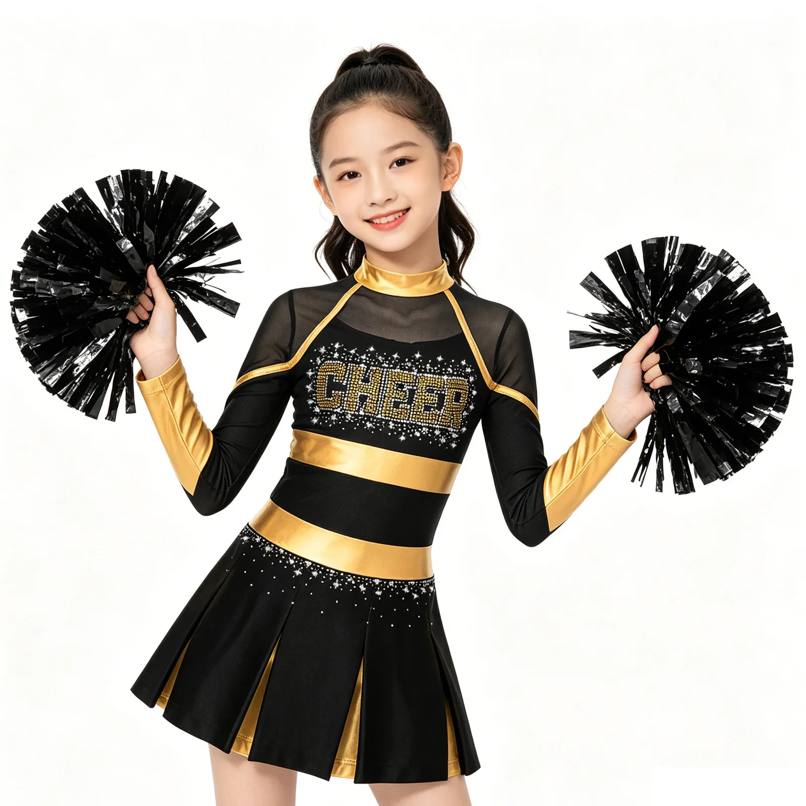 Kids Girls Cheerleading Uniform Cheerleader Dance Costume Glittery Rhinestones Metallic Pleated Dress with 2Pcs Hand Flowers