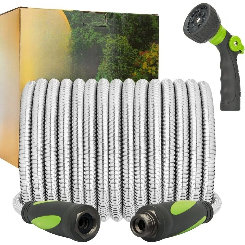 

304 Stainless Steel Hose 75ft, Flexible No-Kink Metal Hose with Swivel Nozzle for Yard Care