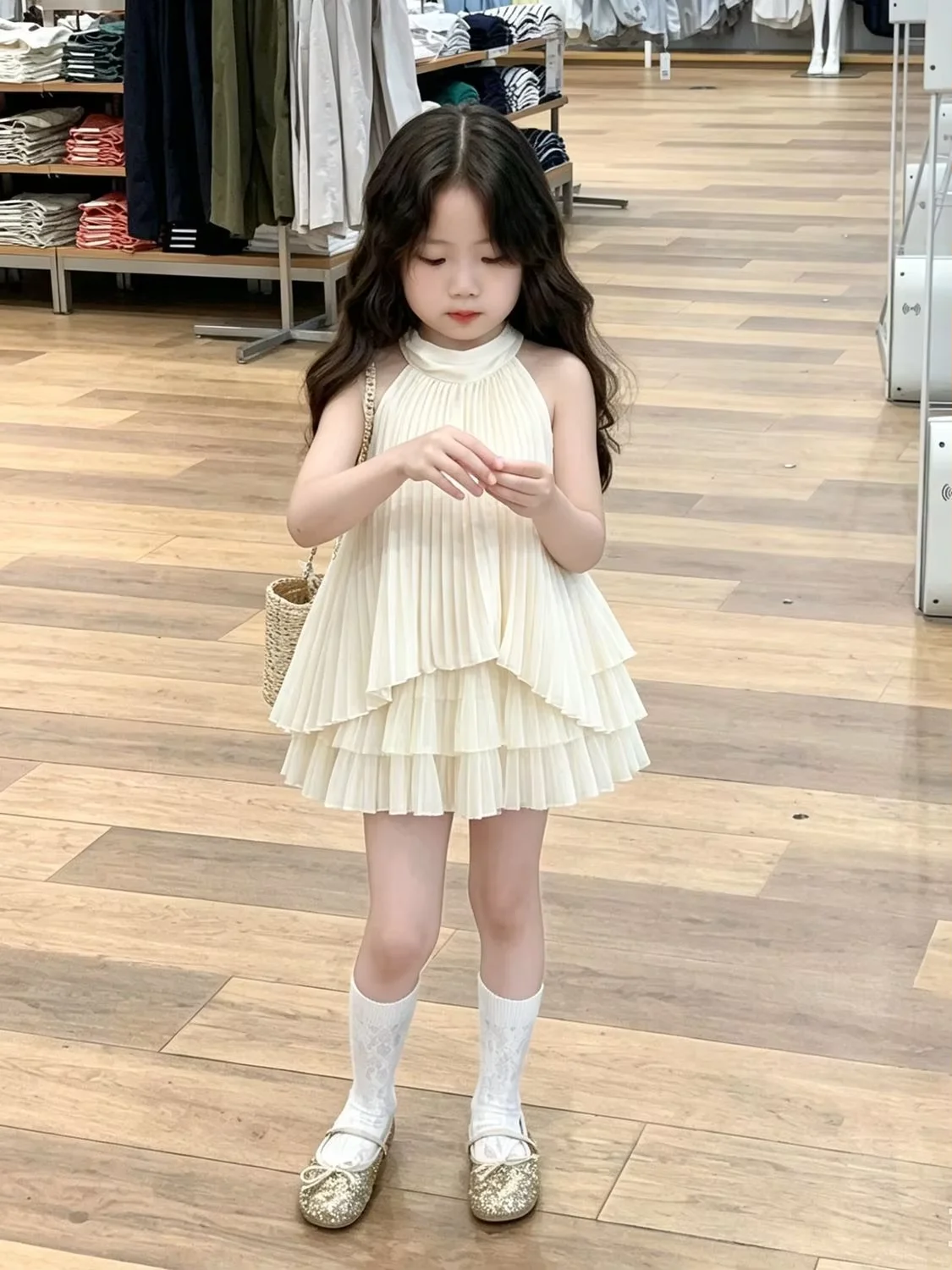 Girls Summer Dress 2026 New Fashion Kids Sleeveless Halter Neck Pleated Vest Dress Children Clothing