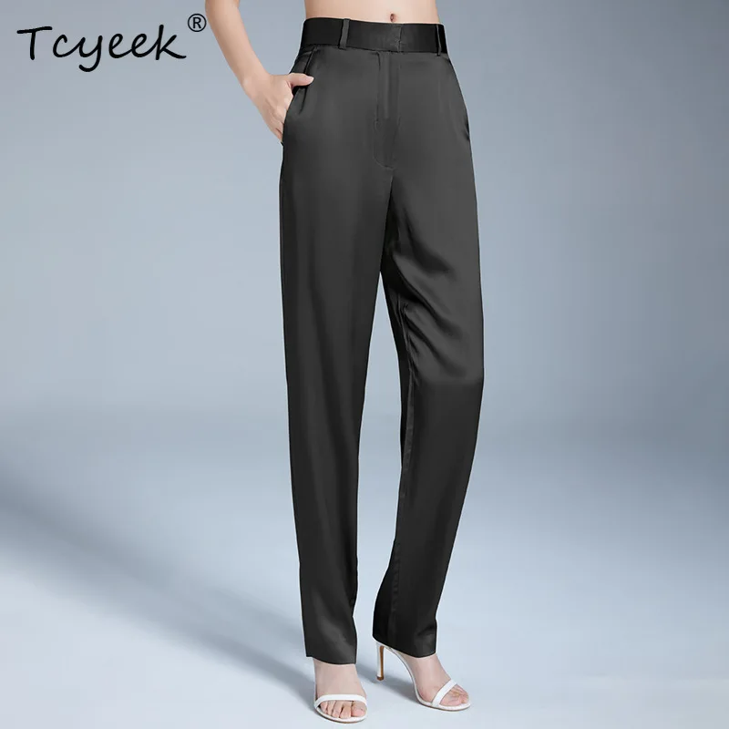 Tcyeek 95% Mulberry Real Silk Pants Women Clothes New Summer Casual Harem Pants Thin Office Long Trousers Ladies 2023 B36764QC