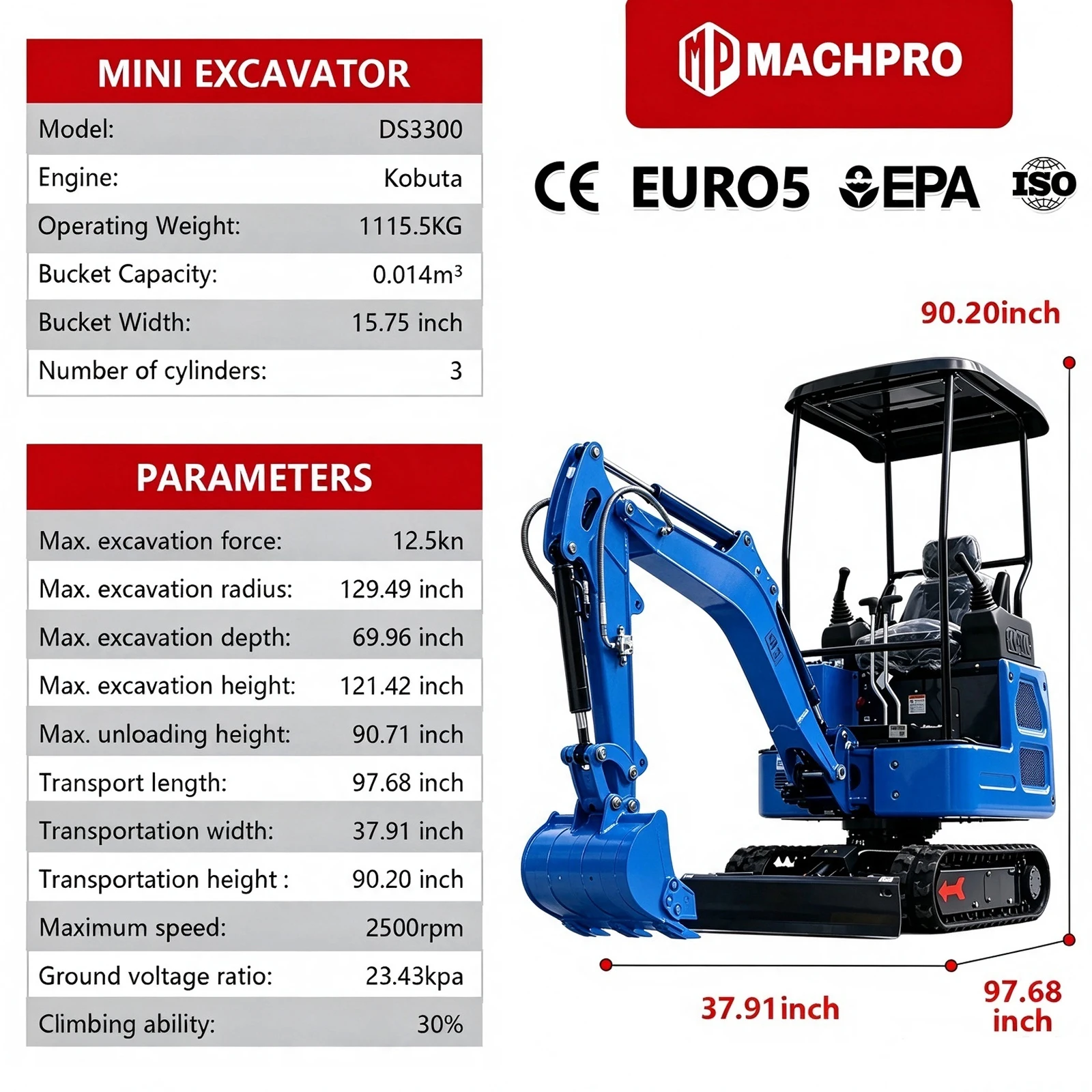 1-2.5ton Mini Excavator Kubota EPA & CE Engine,Retractable Undercarriage,Small Digger Hydraulic Thumb Free Shipping
