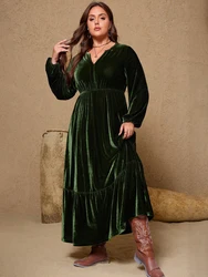 Plus Size 2025 New Arrival Solid Colour Bell-Sleeve Velvet Waist-Defining V-Neck Dress Evening Gown Festive Attire Dinner Party