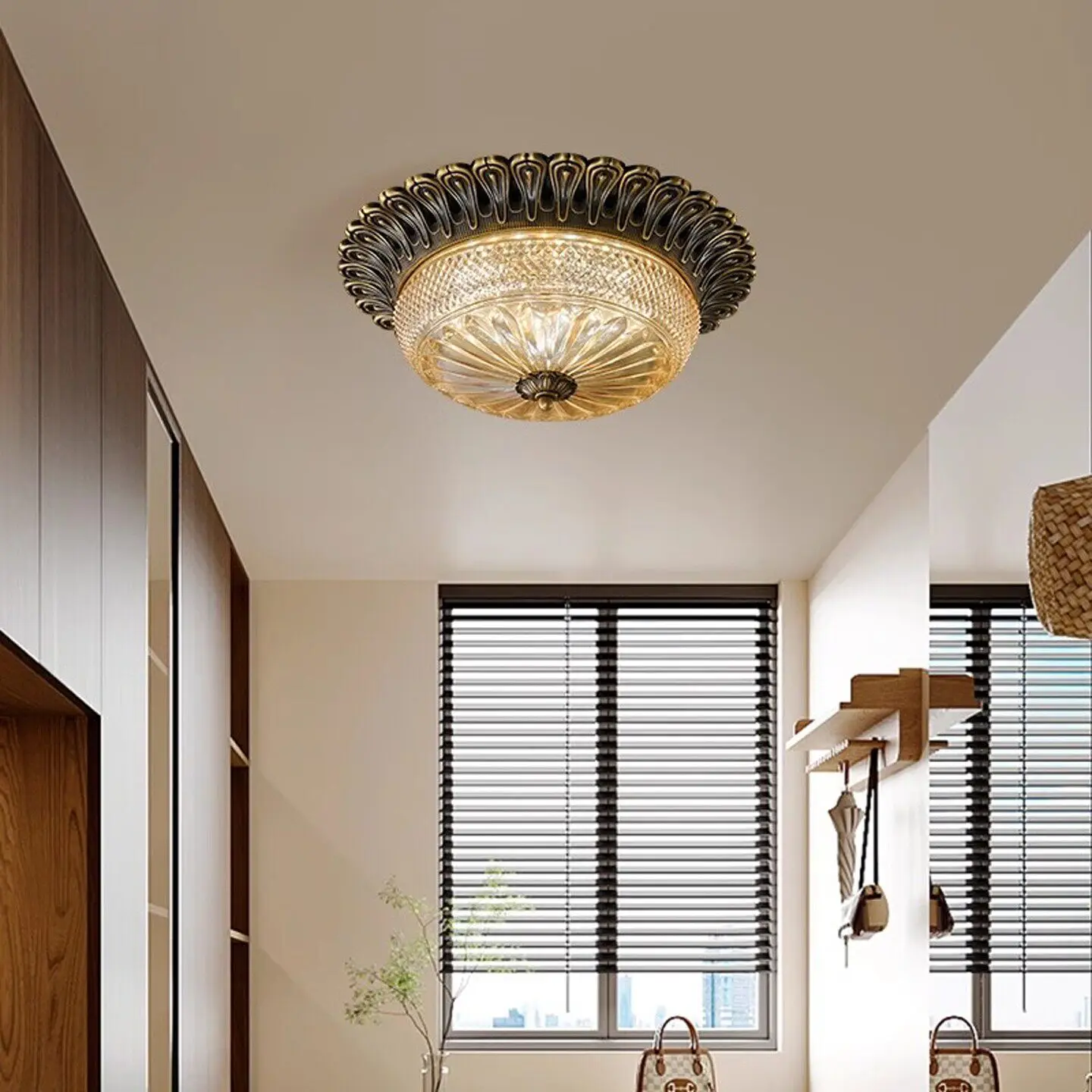 Vintage All Copper Round Glass Ceiling Light 48W Three Color LED 40cm European Luxury Flush Mount Lamp For Living Bedroom