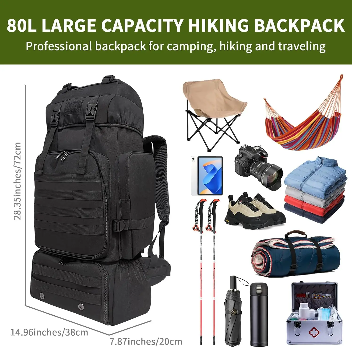 Hiking Backpack, 80L Molle Military Tactical Rucksack, Camping Backpack with Shoe Compartment, Lightweight Rucksack for Men, Wat