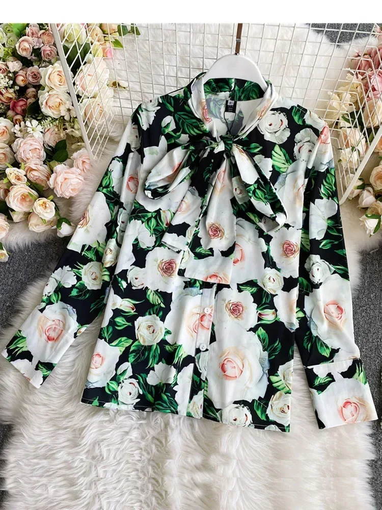 Spring Autumn New Flower Printing Loose Blouse Women Ruffled Bow Tie Stand Collar Puff Sleeve All-match Shirt Female Tops UK985