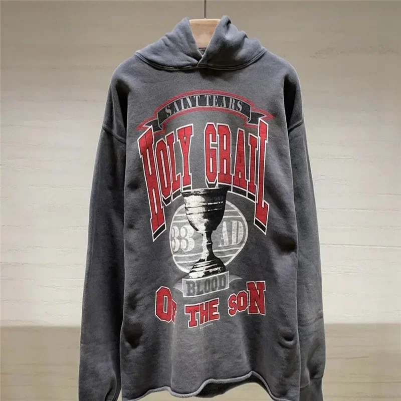 Oversize Black Washed Saint Holy Grail Hooded Hoodie Men Women Hip Hop Cuff Loose Sweatshirts Pullover