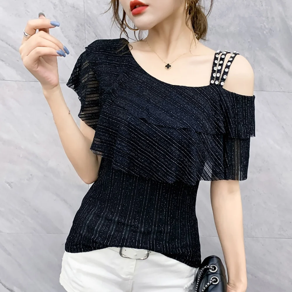 

Ice Silk Me oulder Bared f Sve T irt Women's Street Sle Slim Fit Pure Color Summer New Arrival Faion Top