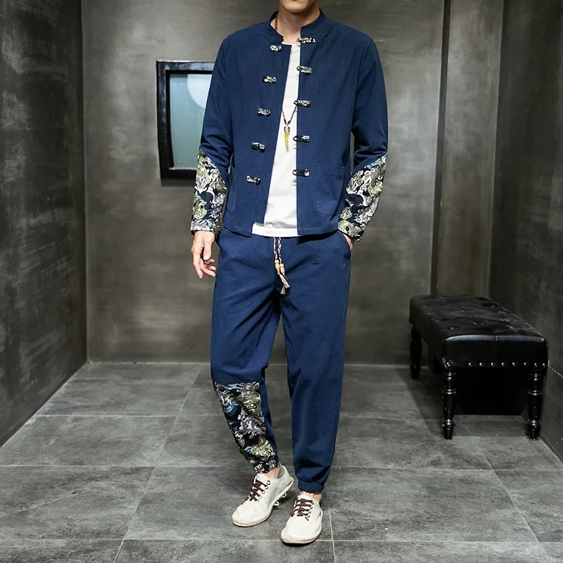 Chinese Style Cotton Linen Retro Print Tang Suit Man Spring and Autumn Kung Fu Suit Casual Top Pants Sweatsuits Large Size 5xl