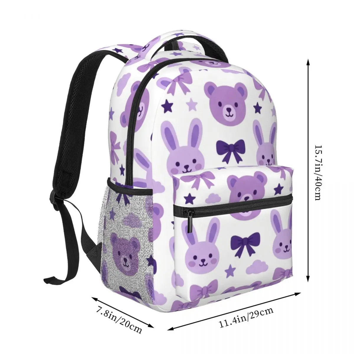 Rabbit Print Backpack Badge Bunny Bear Bow Soft Kawaii White Lavender Lilac Daypack for Teens Travel Daily Class Sweet Bookbag