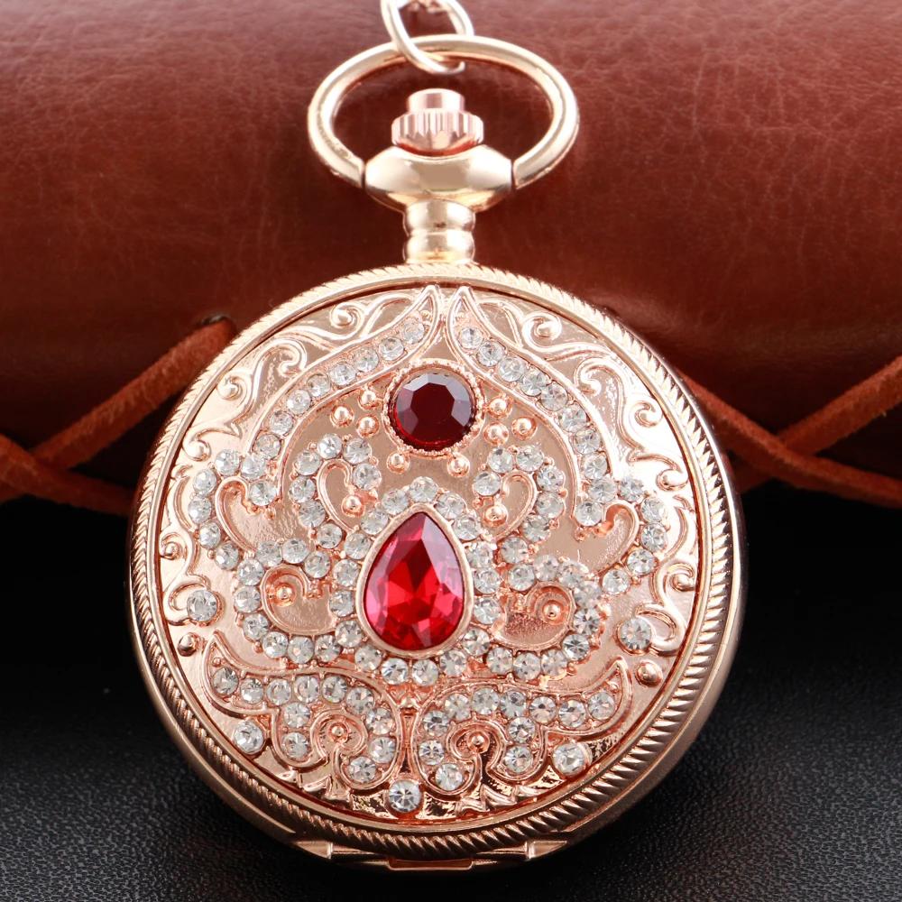 Rose Gold Fan-Shaped Diamond Pocket Watch Necklace Fob Chain Steampunk Clock Quartz Vintage Pocket Watch for Men and Women Gift