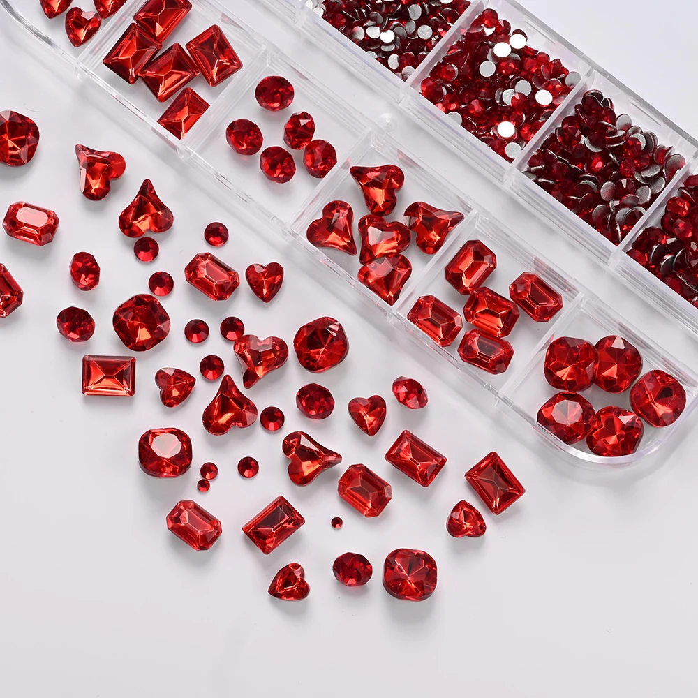 

Sexy Red Round Glass Rhinestone with Multi-shape Nail Crystal Mixed Pointed-Bottom Nail Diamond 3D DIY Heart/Butterfly Nail Gems