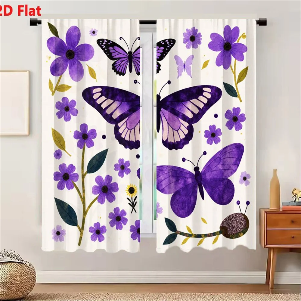 2Pcs Curtains 2D Flat Watercolor Whimsical Floral & Insect Illustration With Purple Blue Butterflies Flowers Snail On Beige Back