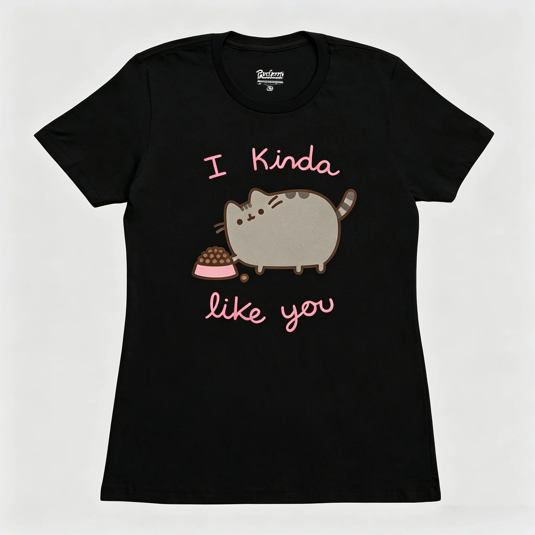 Pusheen Cute Cat Pattern Shirt I Kinda Like You Text Cotton T-shirt 2026 Summer Men's Women's Street Clothing Y2k Retro Clothing