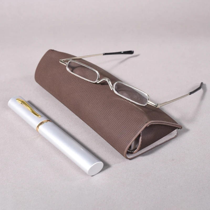 Silberne Metallrahmen-Scharnier-Lesebrille mit tragbarem Stiftclip-Etui, Mini-Lesebrille +1.0+1.5+2.0