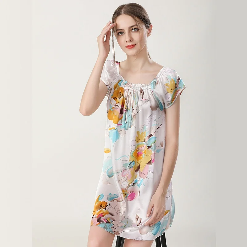 

Printed 100% Mulberry Silk Pajamas Nightdress Gown Breathable Short Sleeve Dress Sleepwear Nightwear Luxury Pure Silk Nightgown