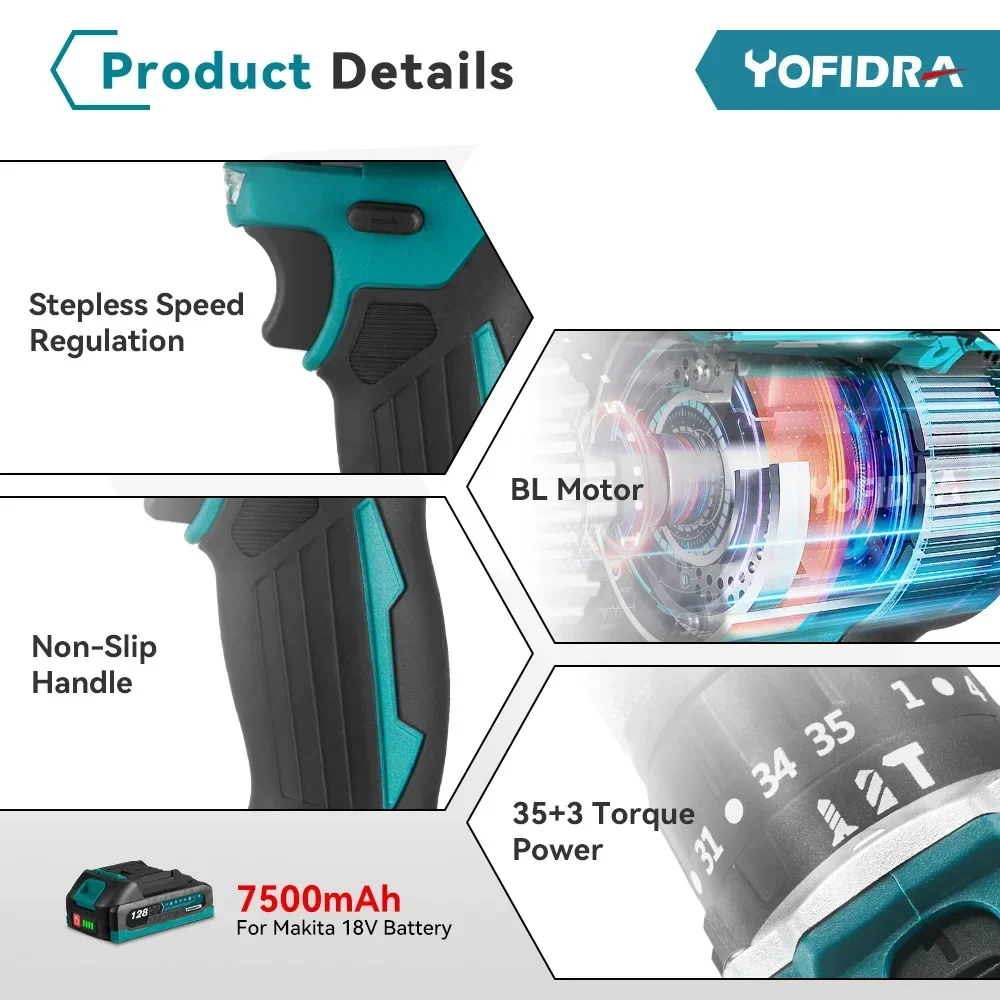 Yofidra 13mm 35+3 Torque Brushless Electric Impact Drill Cordless Efficient Electric Screwdriver Tool For Makita 18V Battery