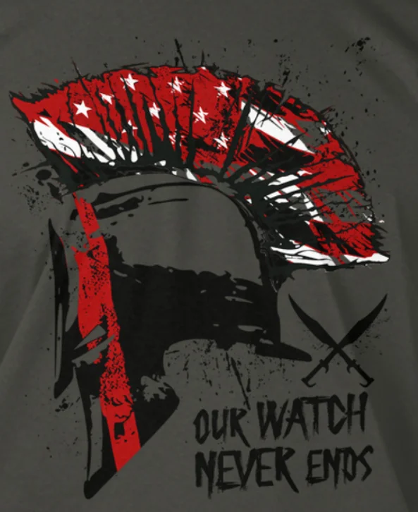 Our Watch Never Ends Red Line Spartan T-Shirt 100% Cotton O-Neck Summer Short Sleeve Casual Mens T-shirt Size S-3XL