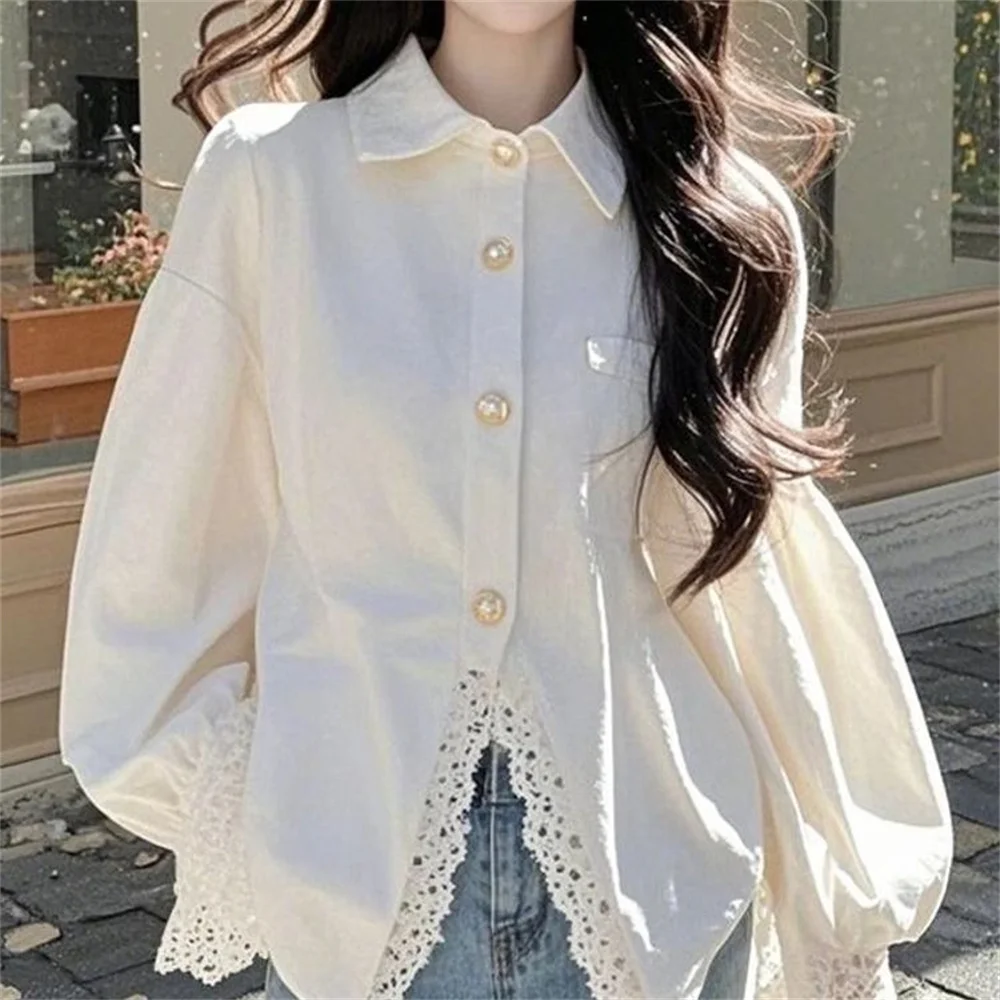 

Fashion Lace Spliced Female Shirt Slim Long Sleeve White Shirt Girls' 2026 Spring New Design French Style Retro Blouse For Women