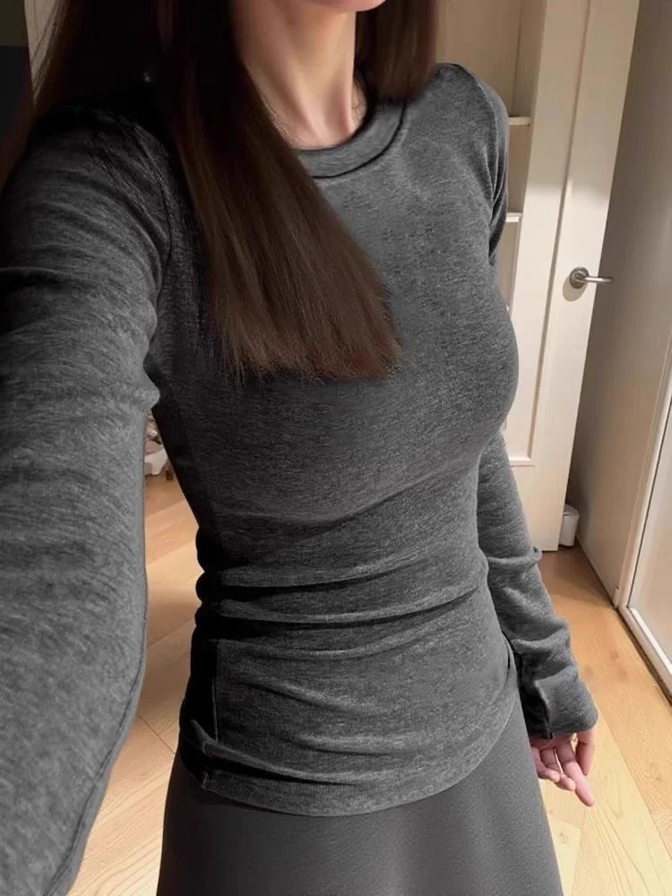 Spicy Girl Thickened Fleece Long Sleeve round Neck T-Shirt Women's Autumn Winter New Style Slim Fit Versatile Base Layer Top