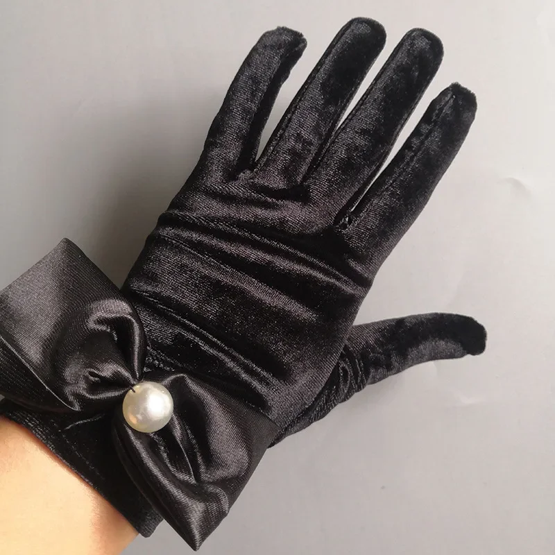 Guantes de boda para mujer con perlas, color negro, hasta la muñeca, con lazo, para fiesta de té, guantes de ópera para novias