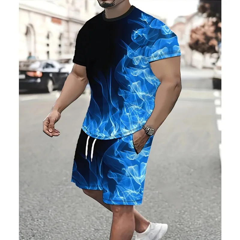 2025 Fashion Men's Short Sleeved Shorts Set Color Contrasting Fashion Quick Drying 3D Printed Polyester Fiber Round Neck T-shirt