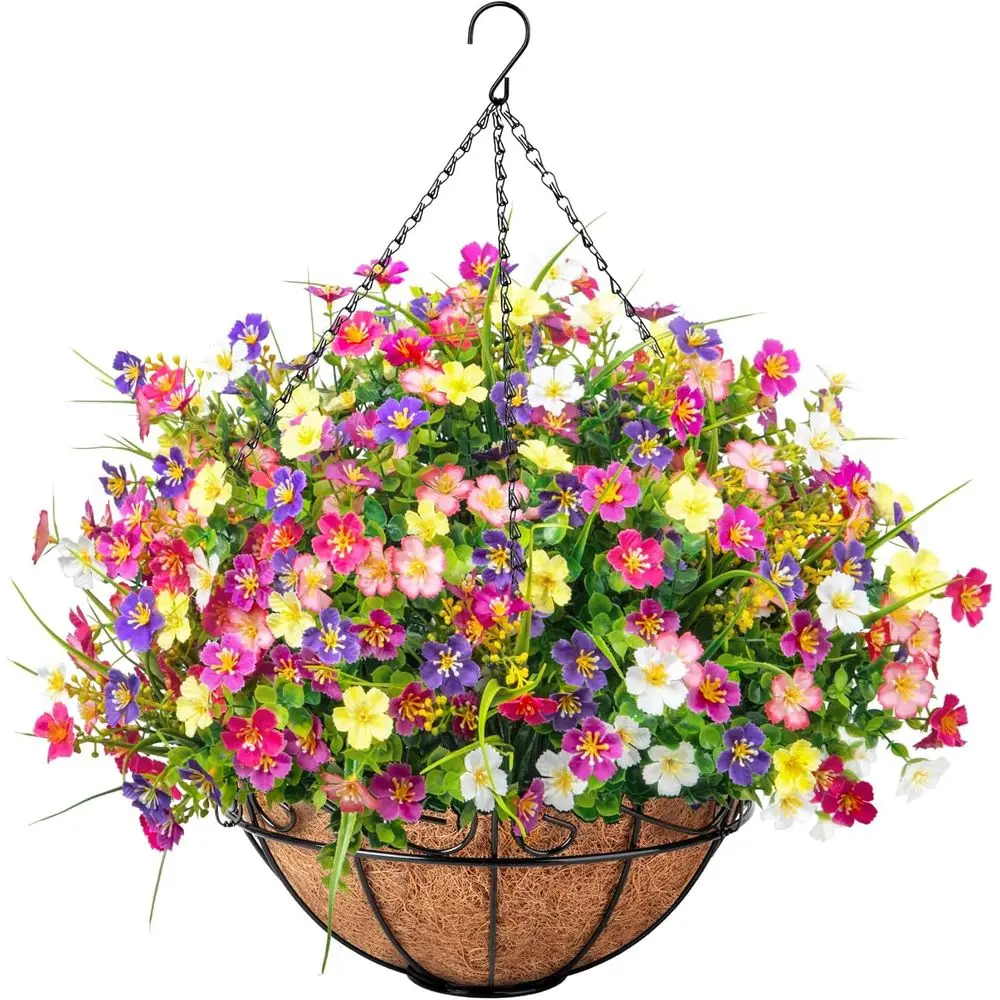 Artificial Hanging Baskets with Silk Lowers, Outdoor Decor for Hanging Plants or Garden Patio Yard Porch Lawn, Mixed Color