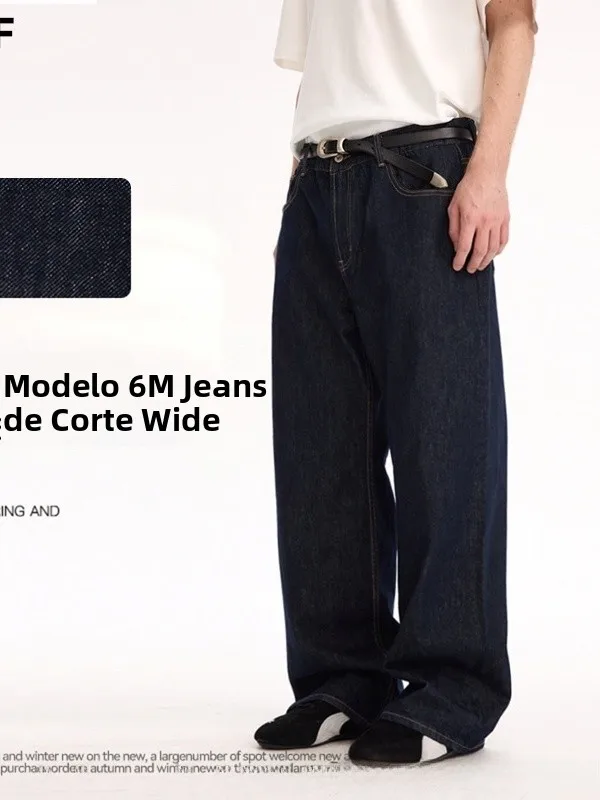 Calça Jeans Clássica Azul Escuro de Corte Reto Solto Unissex Casual de Algodão com Zíper na Cintura Média para Todas as Estações
