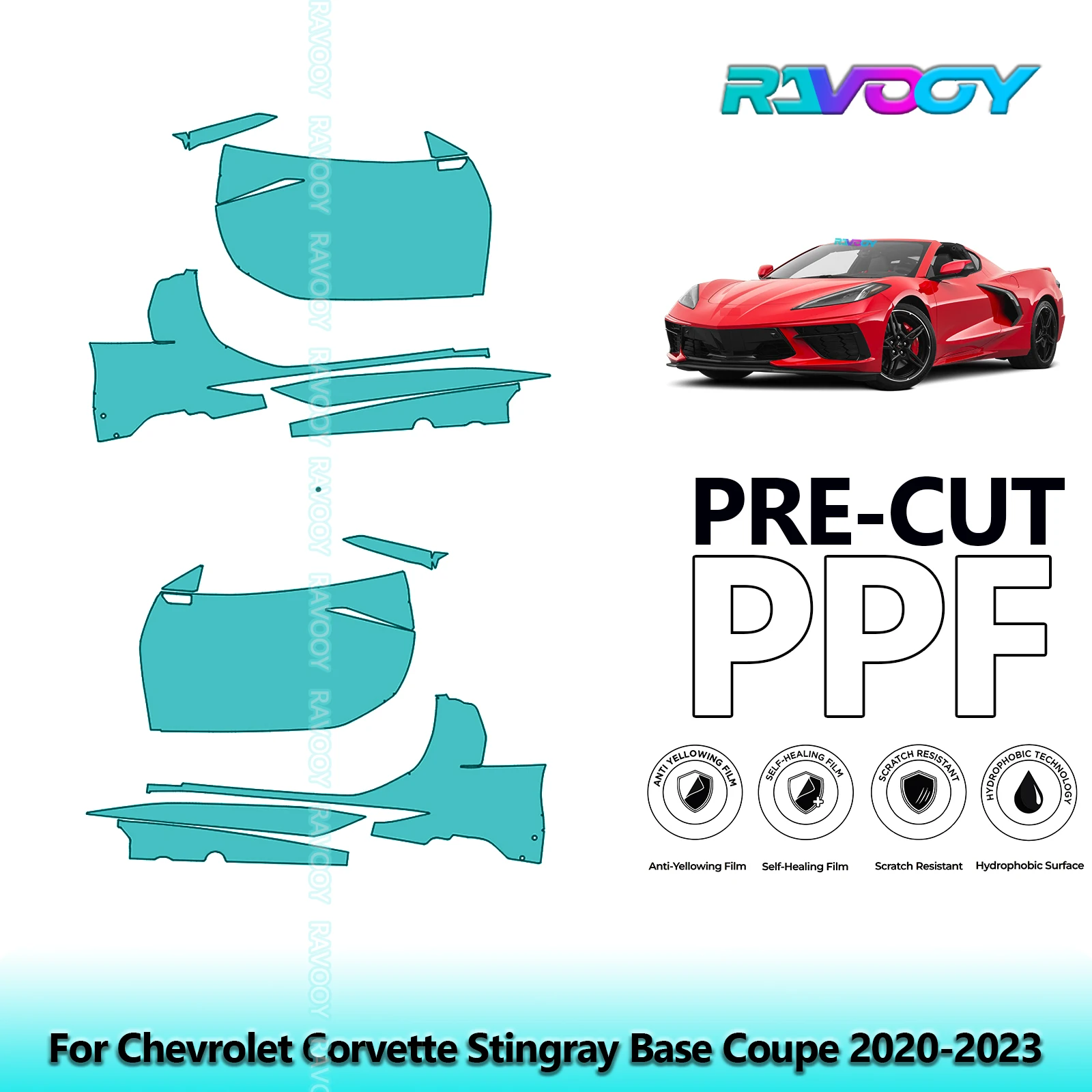 

For Chevrolet Corvette Stingray Base Coupe 2020-2023 8.5mil Pre-Cut PPF Door & A/B Pillar Kit TPU Paint Protection Film Set