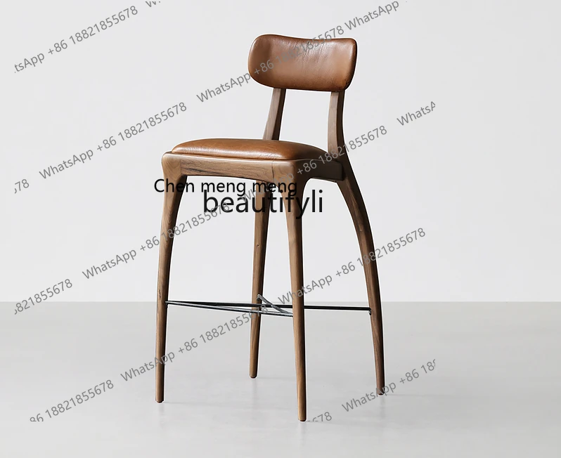 Modern Simple and Light Luxury Creative Designer Model Walnut Solid Wood Leather Bar Stool Chair