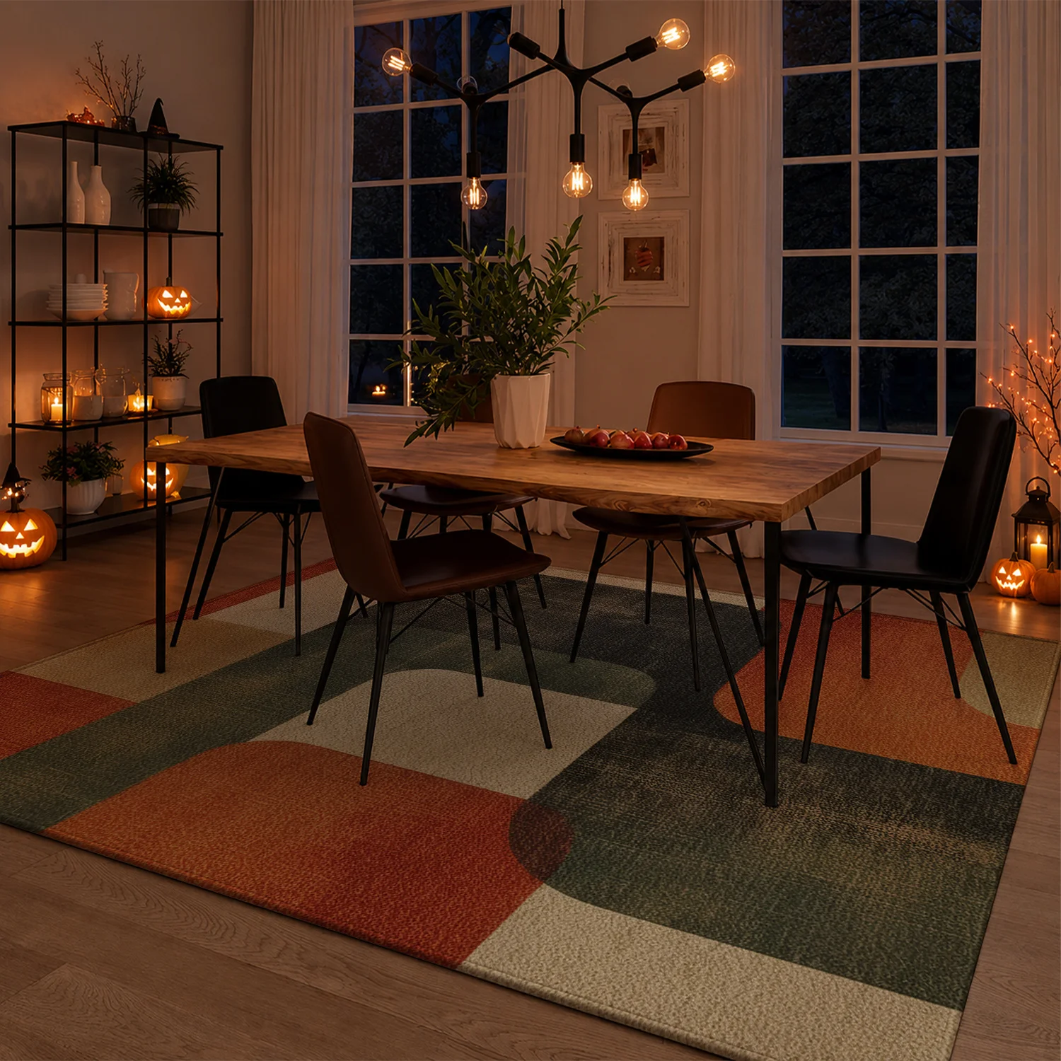 Large Indoor Area Rug, Soft Velvet Low Pile Non-slip Backing, Machine Washable Mid-Century Modern Geometric Rug with Burnt Orange & Forest Green Pattern for Living Room Bedroom