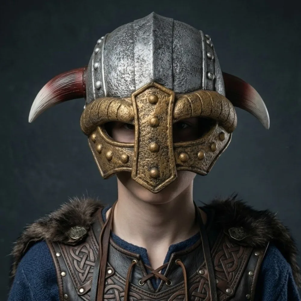 Vintage Viking Horn Hat Helmet Retro Realistic Medieval Warrior Knight Hat Renaissance Dress Up Decorative Mask Headgear