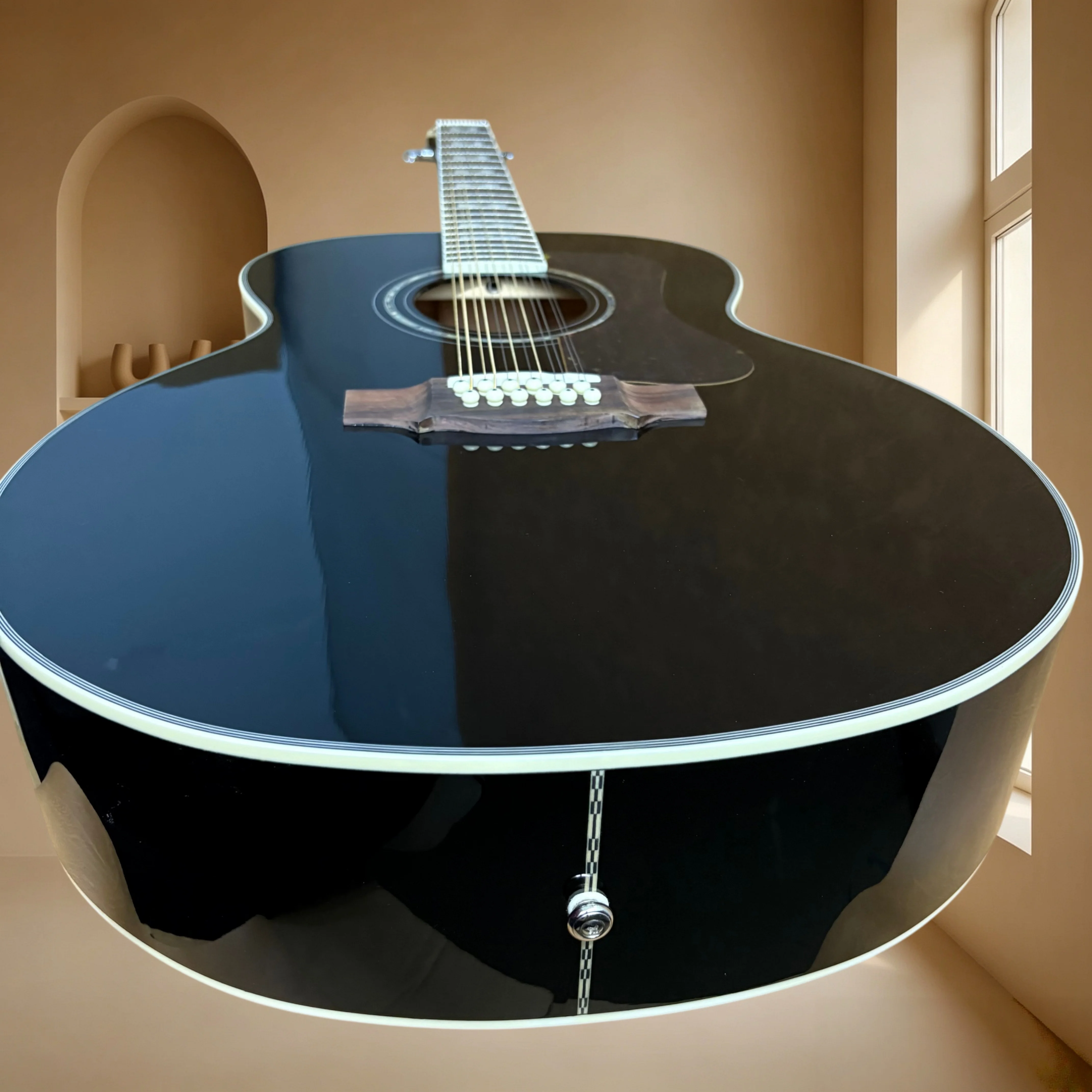 43 Inch Jumbo 12 String Acoustic Guitar Solid Spruce Top Black Gloss 12 String Folk Guitar for Performance Shell Inlays New
