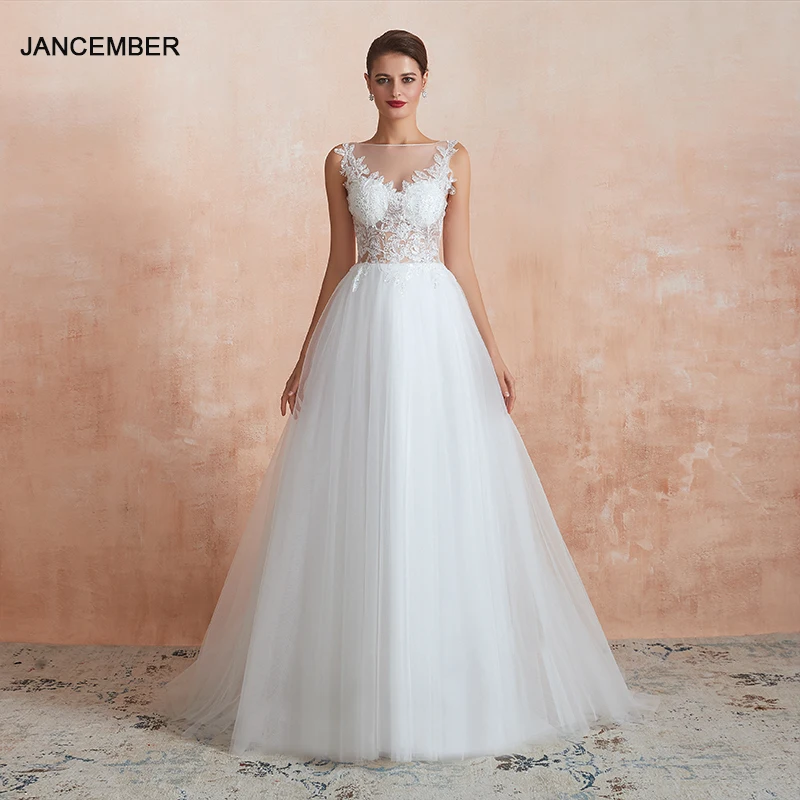 Customized Sleeveless Vestidos De Novia O Neck Pearls Button Lace A-line Back Illusion Wedding Dresses Sleeveless