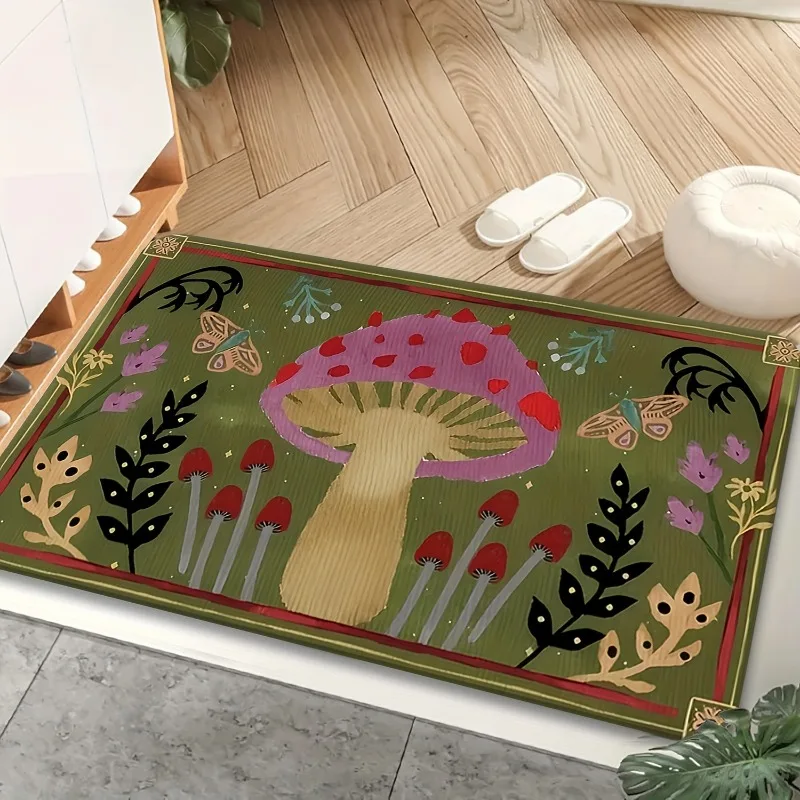 Cottage Green Mushroom Butterfly Botanical Flannel Doormat Anti Slip Front Door Mat Vintage Floral Home Entrance Decor Rug