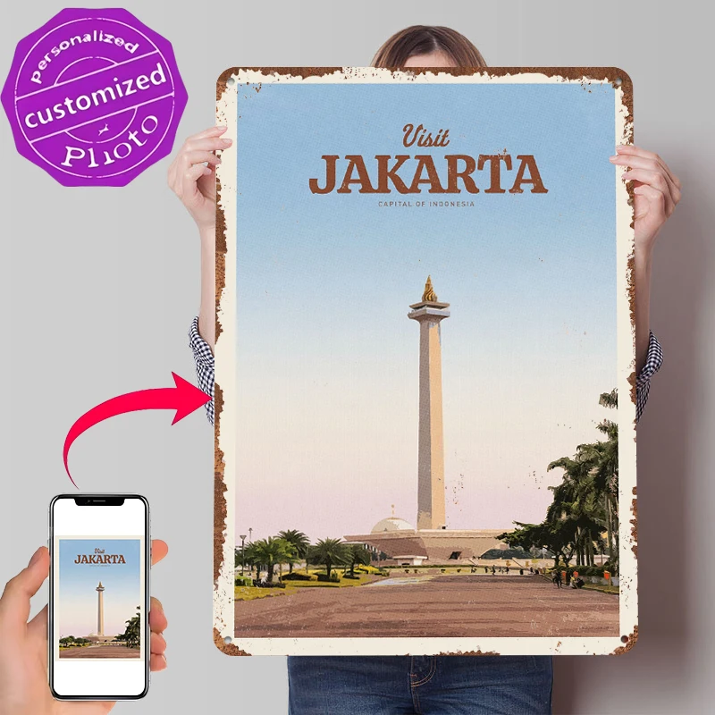 Visit Jakarta Metal Poster Customized Wall Art Retro Vintage Metal Signs for Man Cave Decor Room Decoration Cozy Bar Accessories