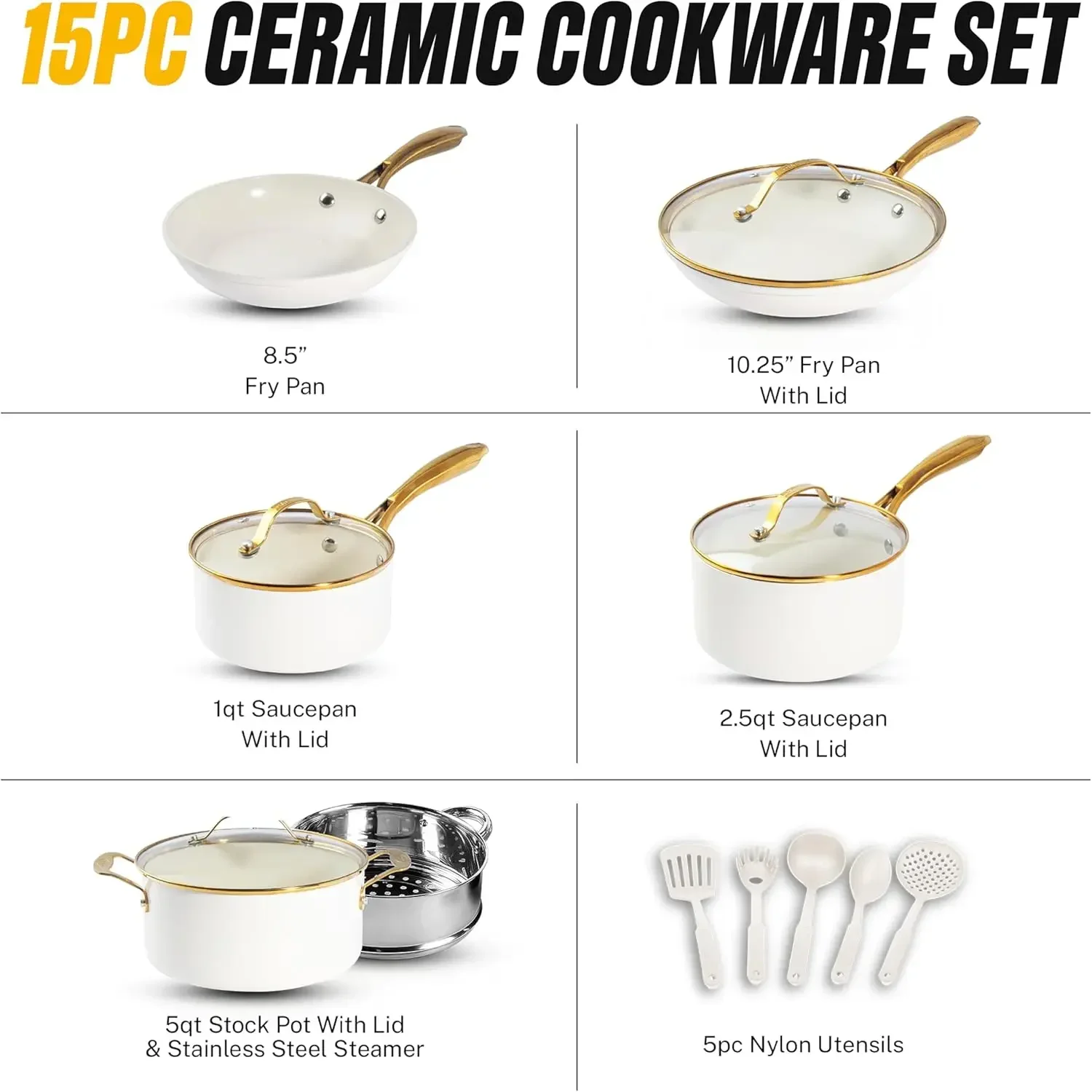 15 Pc Ceramic Cookware Set, Ceramic Pots and Pans Set Non Stick with Cooking Utensils and Steamer, Non Toxic PFOA PFOS Free, Pre
