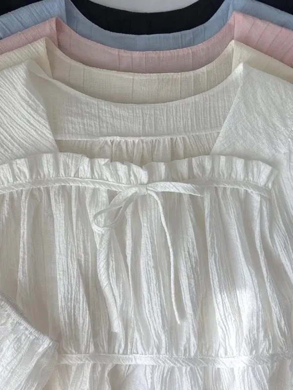 

Korean Sle Faionable Square Collar Dstring Chiffon irt Women's Waist Cinching Belted Long Sve Pleated irt Early...