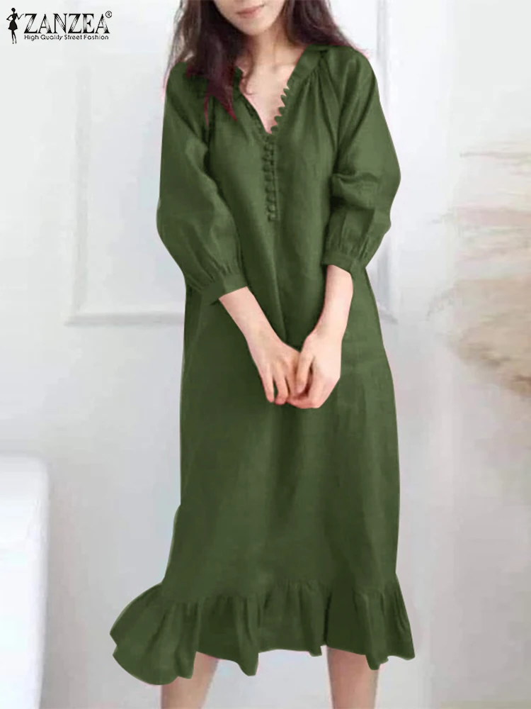 ZANZEA Fashion Summer V Neck 3/4 Sleeve Sundress Women Elegant Solid Party Mid-calf Dress Femme Casual Holiday Vestido Robe