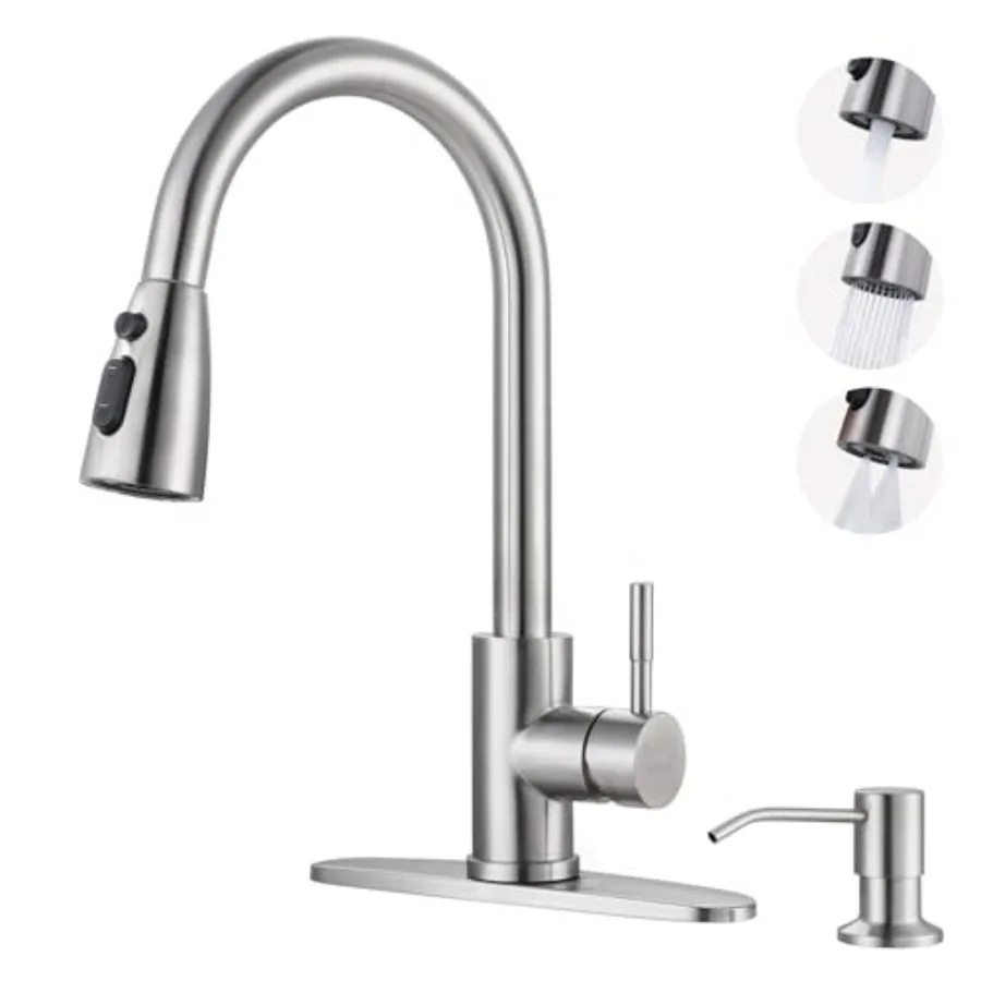 

Kitchen Faucet with Soap Dispenser: 304 Stainless Steel Pull Down Sprayer 3 Modes Single Handle High Arc Mixer Tap for Sink RV