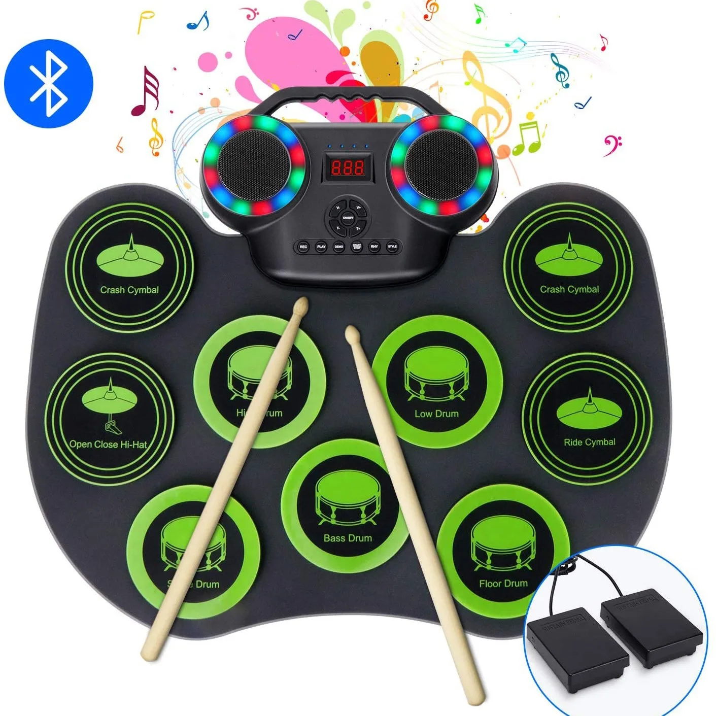 Roll-up Electronic Drum Pad Silicon Digital Drum with Built-in Battery Speakers Foot Pedals Headphone Monitoring Colorful Light