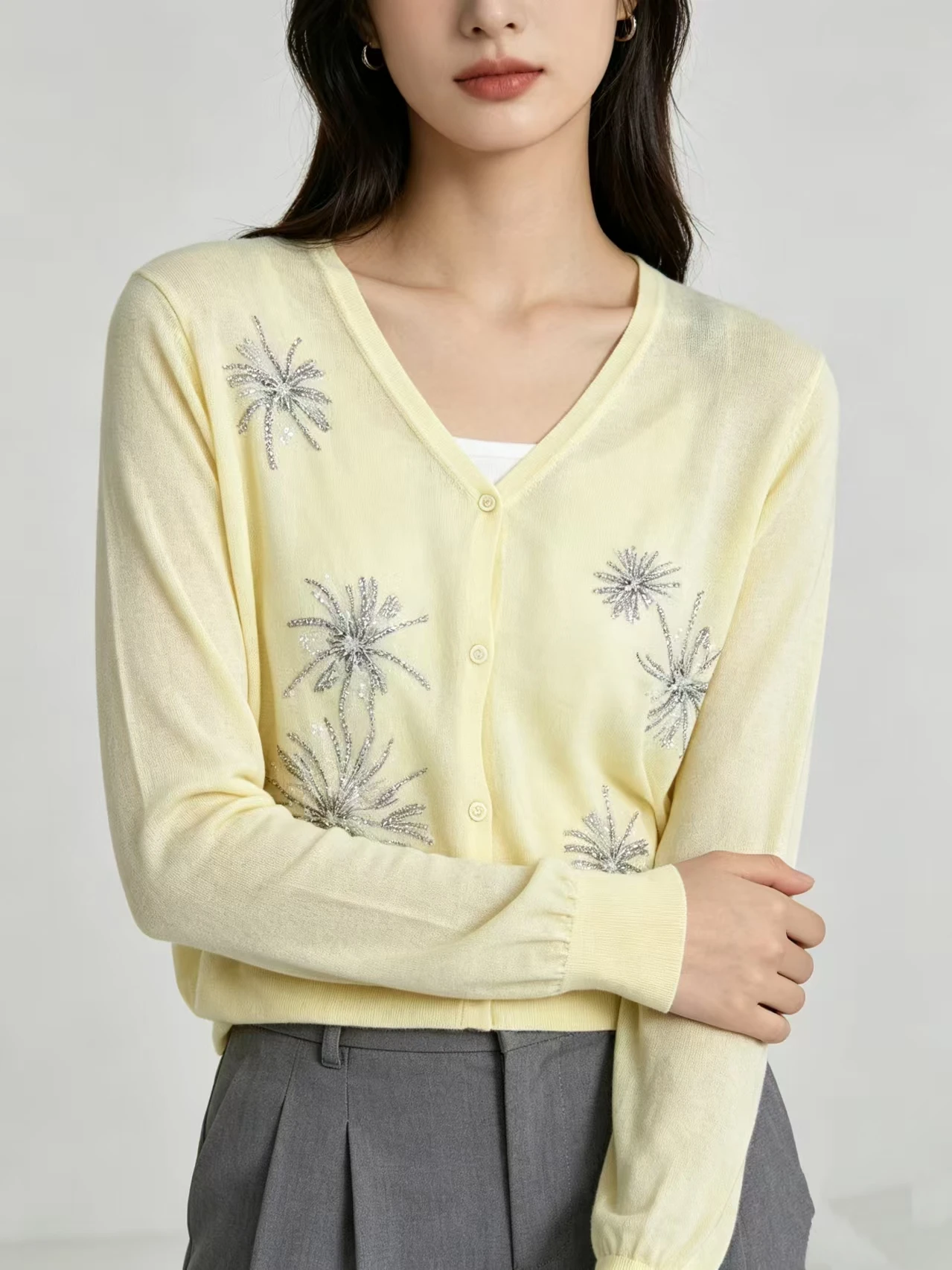 celrimennWomen Rhinestone Firework Embellished Wool Knit Cardigan V Neck Long Sleeve Elegant Sweaterelimenn