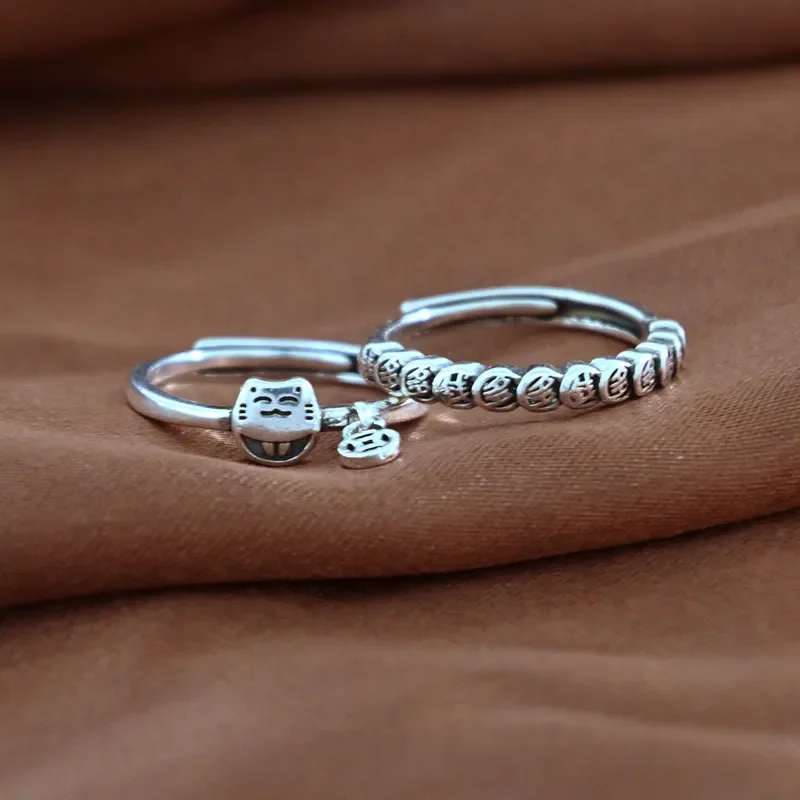 Retro Money Duoduo Copper Coin Ring Male Female Niche Personality Lucky Cat Index Finger Tail Ring Anti Thai Silver Open Ring