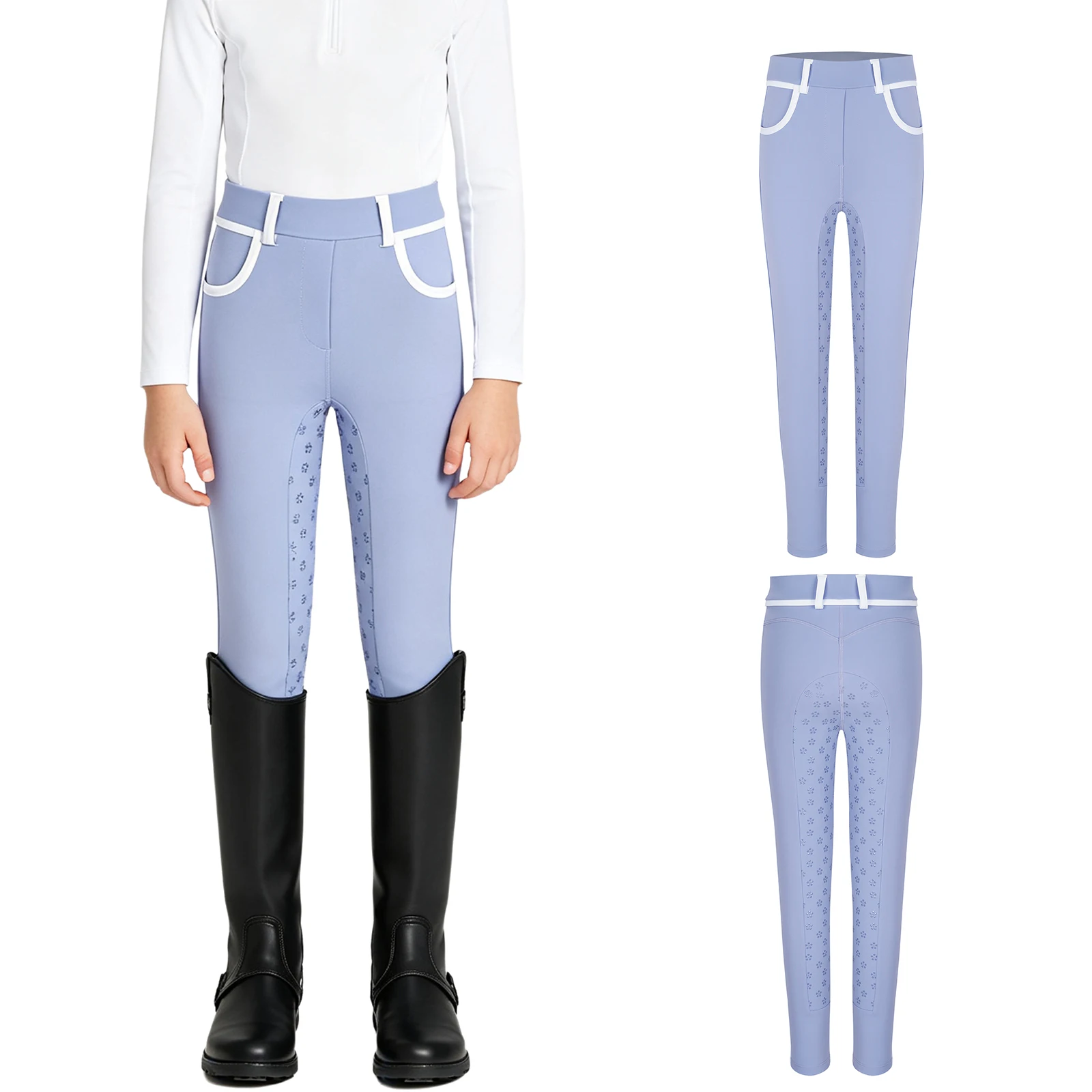 Kids Girls Professional Horse Riding Pants Non-slip Full Seat Contrasting Trim Equestrian Leggings with Pockets And Belt Loop