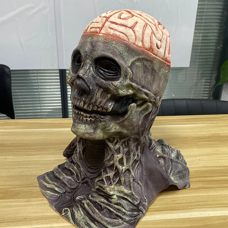 Gruselige Gehirne Skelett Maske Schädel Kopfbedeckung Cosplay Blutige Zombies Schädel Latex Helm Halloween Karneval Party Kostüm Requisiten – Detail 10