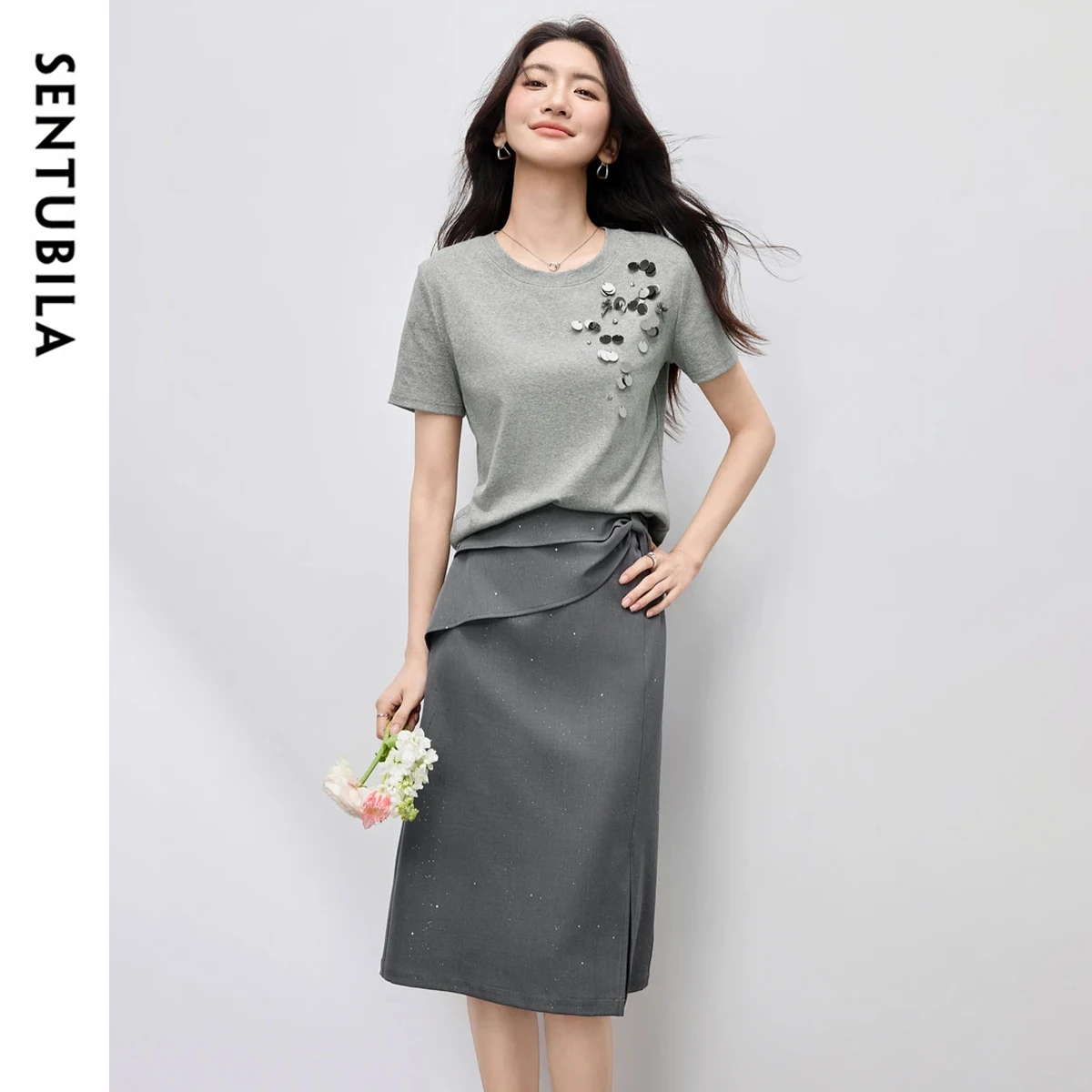 

SENTUBILA Women's Suit 2026 Summer T-shirt Skirt New In Matching 2 Piece Sets Woman Outfit Sequined Commute Design Set 152ZA0149