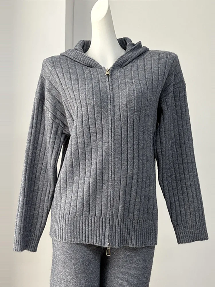 Damen Strickhosen 2-teiliges Set Kapuzenjacke mit Reißverschluss Langarm Cardigan Weite Hose Streetwear Einfarbiges Loses Outfit Partykleidung – Detail 6