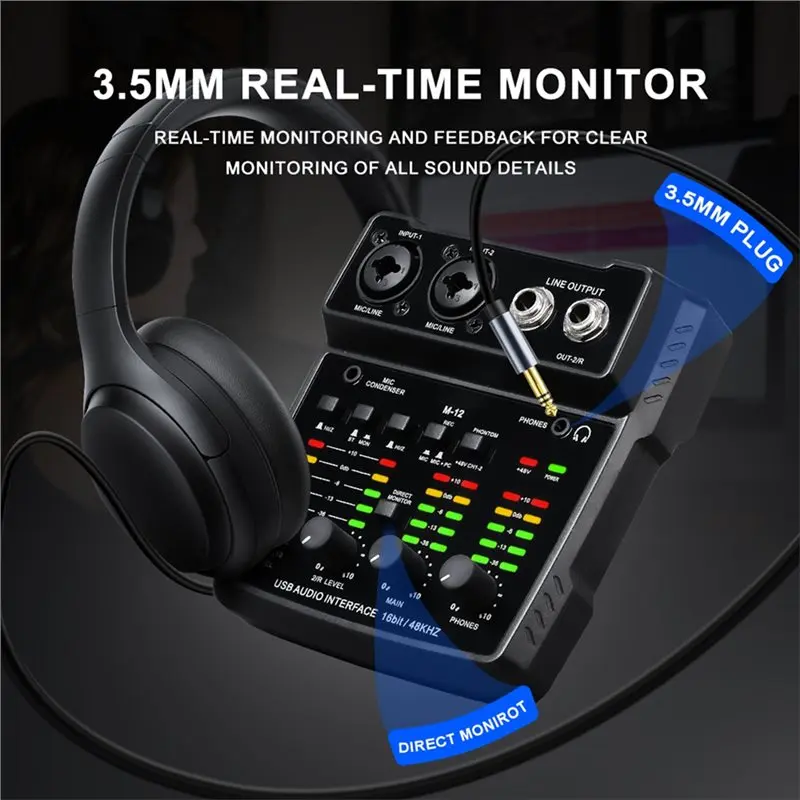 [NEW A09R!】 M-12 2 Channels Audio Interface Mixing Console Multi-Track Output For PC,USB Sound Card For Recording Studio Plug&Pl view 3